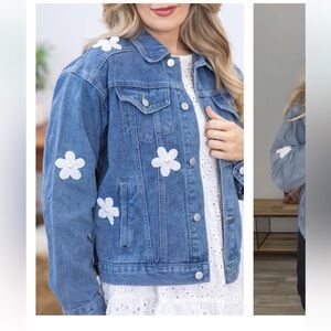 Blue Velvet White Floral Patch Denim Jacket Size Small